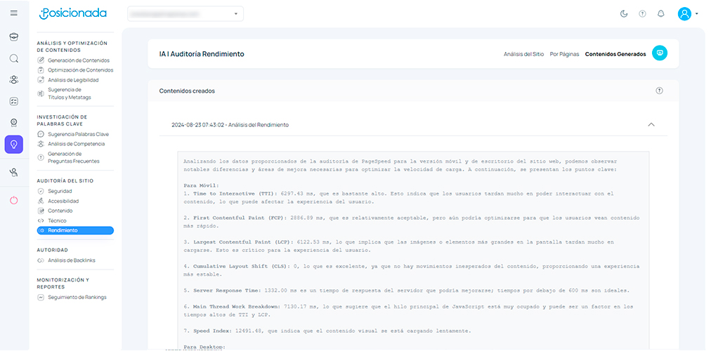 Resultado de auditoría de rendimiento SEO con Inteligencia Artificial