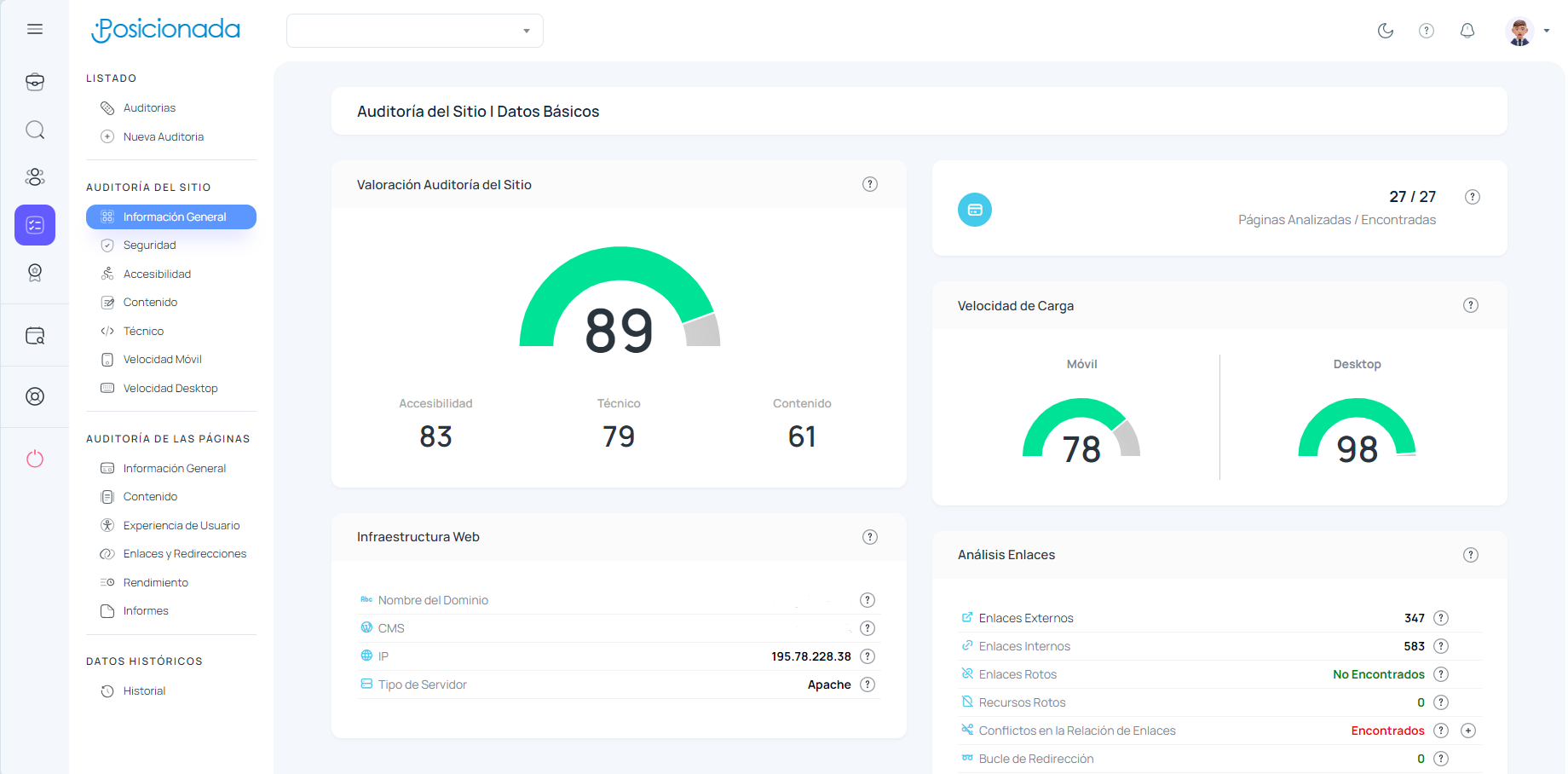 Datos básicos de la auditoría de un sitio web